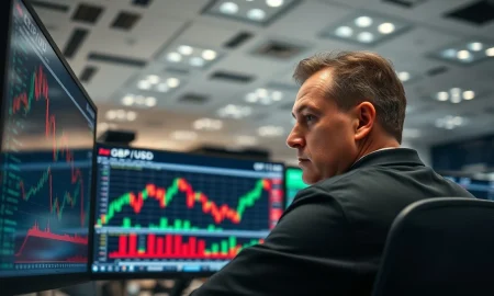 A trader monitors a GBP/USD forex chart showing a strong upward move on a financial terminal.