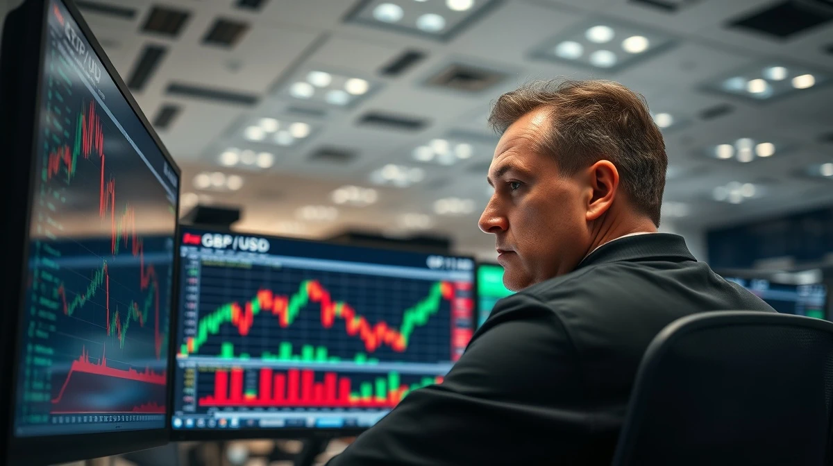 A trader monitors a GBP/USD forex chart showing a strong upward move on a financial terminal.