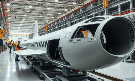 General Dynamics aerospace manufacturing facility with assembly line.