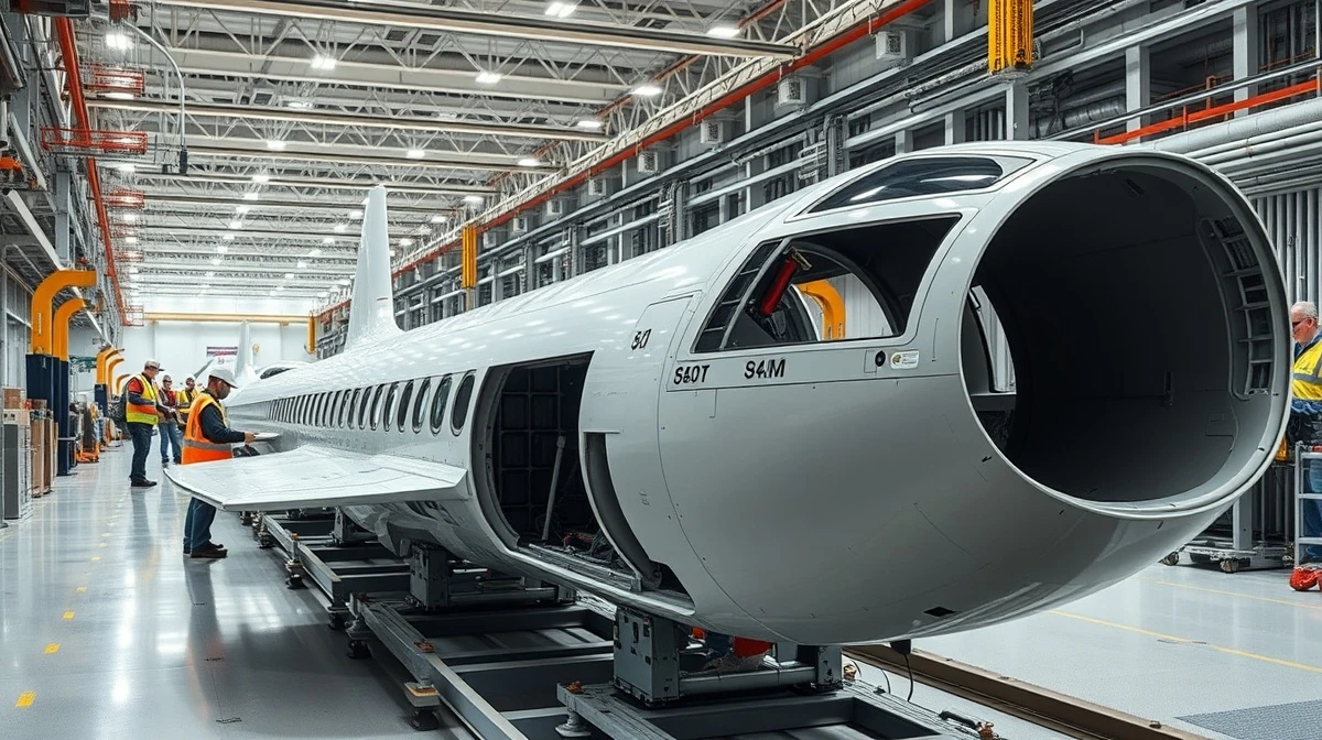 General Dynamics aerospace manufacturing facility with assembly line.