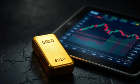 Gold bullion bar next to a financial chart showing price decline.
