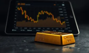 Gold bullion bar with a financial chart showing a price decline in the background.