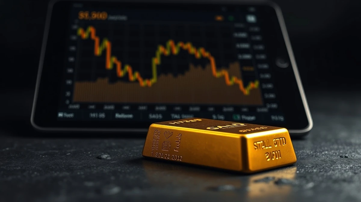 Gold bullion bar with a financial chart showing a price decline in the background.