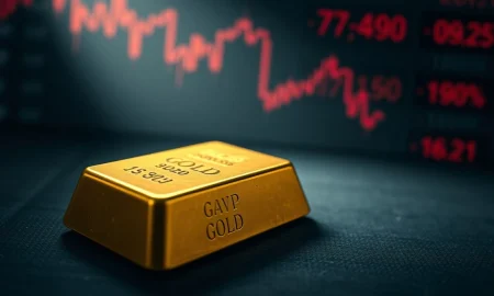 Gold bullion bar with financial charts in the background, representing the drop in gold prices.