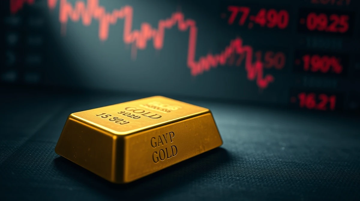 Gold bullion bar with financial charts in the background, representing the drop in gold prices.