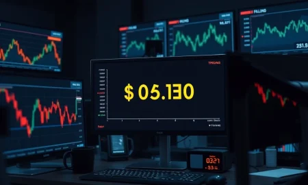 A trading desk monitor shows a sharp decline in the gold price chart.