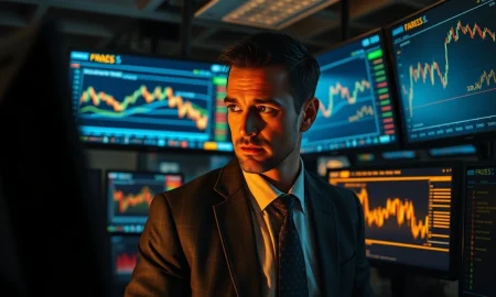A trader monitors gold price and US dollar charts on a financial terminal.
