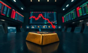 Gold bar with a downward red arrow on a financial chart in background, representing price slump below $4,700.
