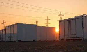 GridBeyond battery storage facility at sunset with power lines