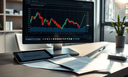 Financial analyst's desk with a stock chart showing a Groupon price target revision.