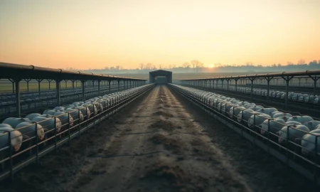 A modern hog farming facility at dawn, representing the livestock commodity market.