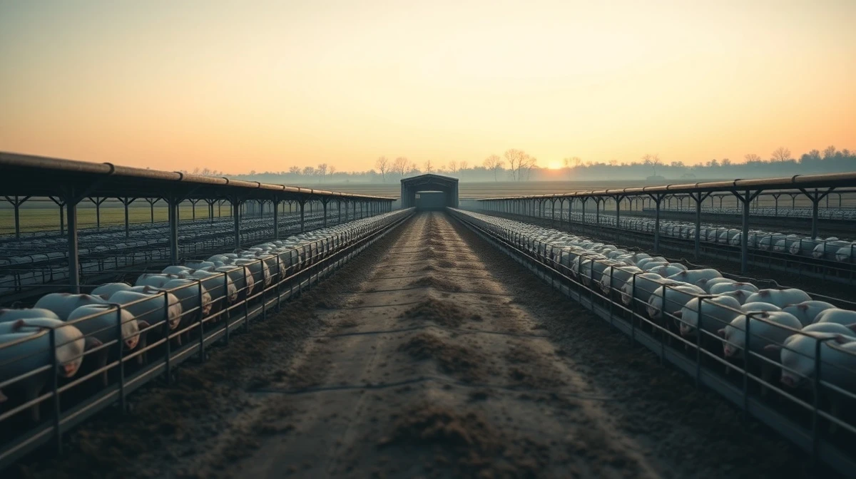 A modern hog farming facility at dawn, representing the livestock commodity market.