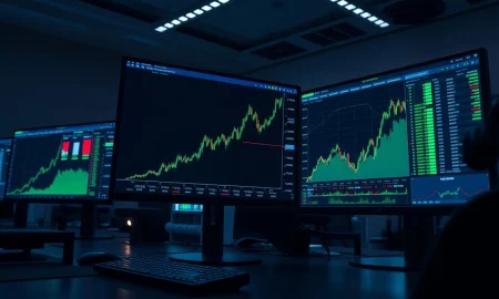 A trading desk monitor showing a cryptocurrency chart with HYPE token surging.