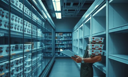 Grocery store freezer aisle with ice cream containers partially removed during a recall over undeclared allergens.
