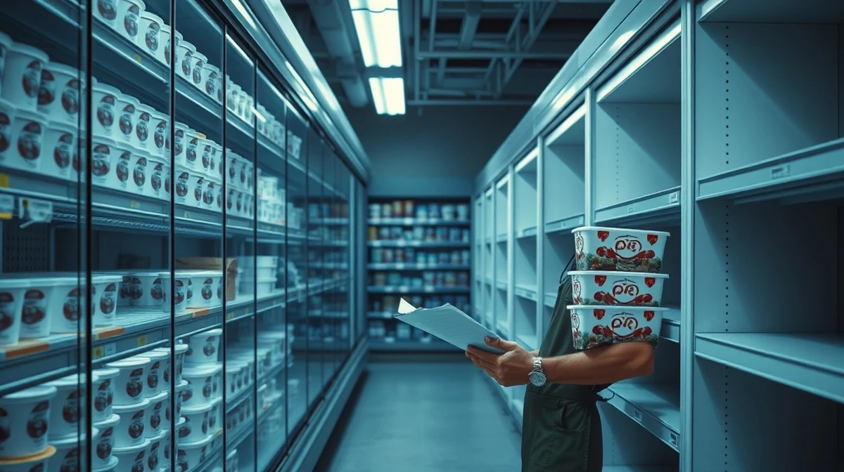 Grocery store freezer aisle with ice cream containers partially removed during a recall over undeclared allergens.