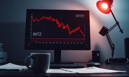 A stock chart showing a decline for Intrusion Inc. (INTZ) on a trading monitor.