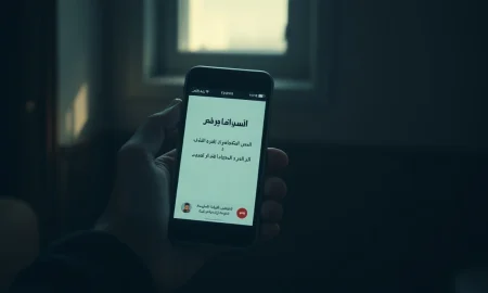 A smartphone displaying an alert app in Farsi, used during an internet blackout in Iran.
