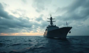 A naval vessel in the Strait of Hormuz as Iran warns of retaliation.