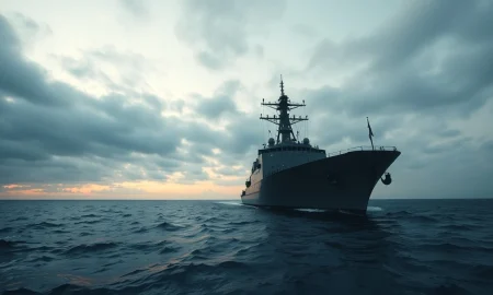 A naval vessel in the Strait of Hormuz as Iran warns of retaliation.