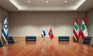 A formal meeting table with Israeli and Lebanese flags, symbolizing upcoming direct talks.