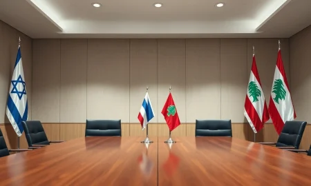 A formal meeting table with Israeli and Lebanese flags, symbolizing upcoming direct talks.