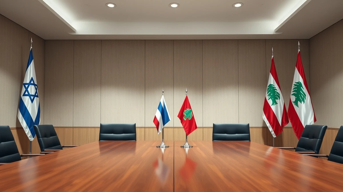 A formal meeting table with Israeli and Lebanese flags, symbolizing upcoming direct talks.