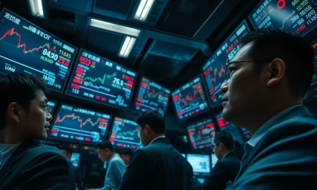 A trading floor in Tokyo with monitors showing volatile oil price and currency charts.