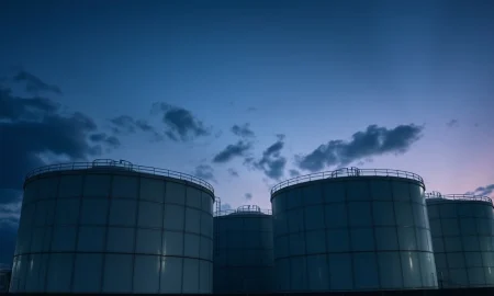 Industrial oil storage tanks at a Japanese strategic petroleum reserve facility.