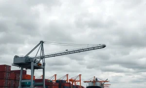 An industrial crane at a port, representing Konecranes stock after a major price target cut.