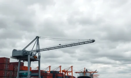 An industrial crane at a port, representing Konecranes stock after a major price target cut.