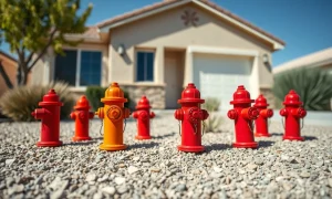 A collection of painted miniature fire hydrants in a Las Vegas front yard at the center of an HOA dispute.