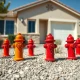 A collection of painted miniature fire hydrants in a Las Vegas front yard at the center of an HOA dispute.