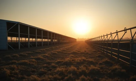 A modern hog farming facility at dawn, representing the lean hog futures market.