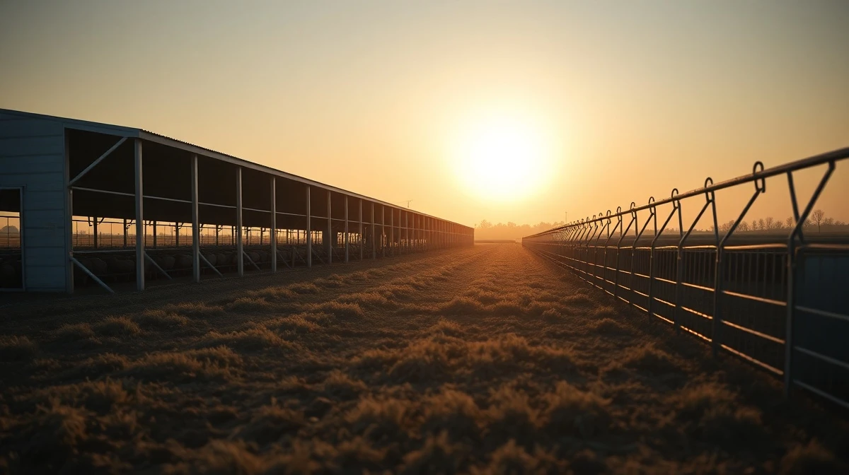 A modern hog farming facility at dawn, representing the lean hog futures market.