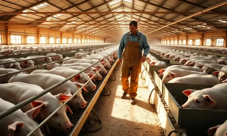 Hog farm interior with farmer and pigs, illustrating lean hog futures market