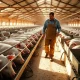 Hog farm interior with farmer and pigs, illustrating lean hog futures market