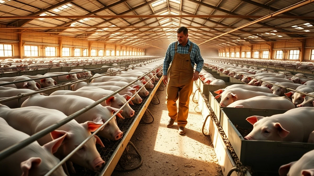 Hog farm interior with farmer and pigs, illustrating lean hog futures market