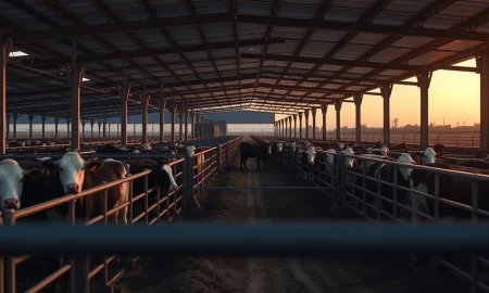 Cattle in a feedlot with futures price data overlay.