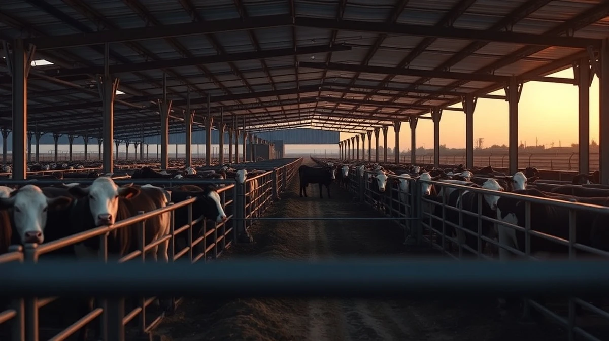 Cattle in a feedlot with futures price data overlay.