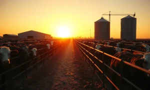 Cattle at a feedlot in the Midwest, with live cattle futures market data overlay