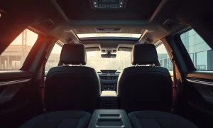 A Lucid Gravity SUV in a showroom, highlighting the vehicle's interior and second-row seats.
