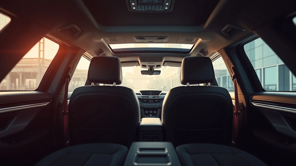 A Lucid Gravity SUV in a showroom, highlighting the vehicle's interior and second-row seats.