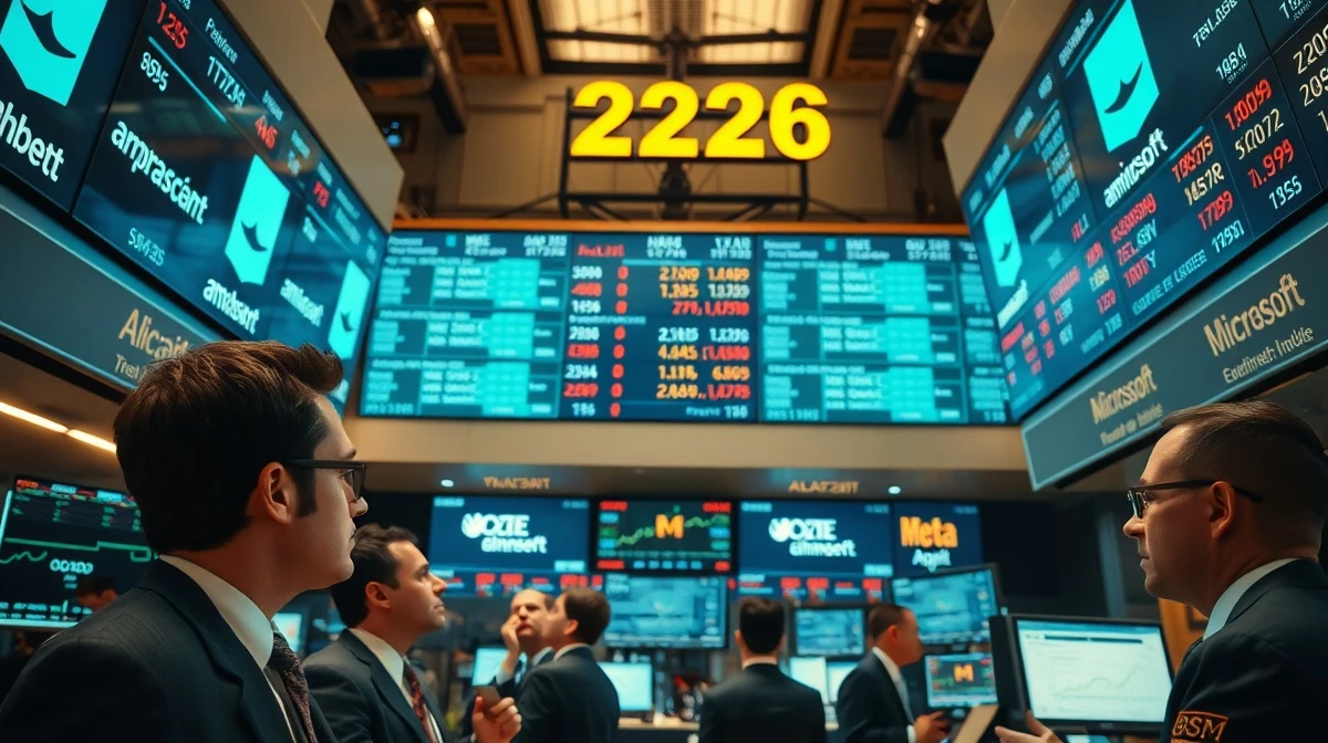 Trading floor monitors showing Mag 7 tech stock earnings data on April 25, 2026
