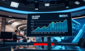 A data screen showing a positive March jobs report chart in a newsroom setting.