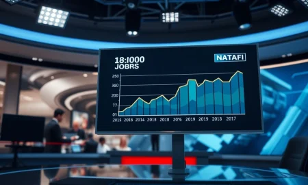 A data screen showing a positive March jobs report chart in a newsroom setting.