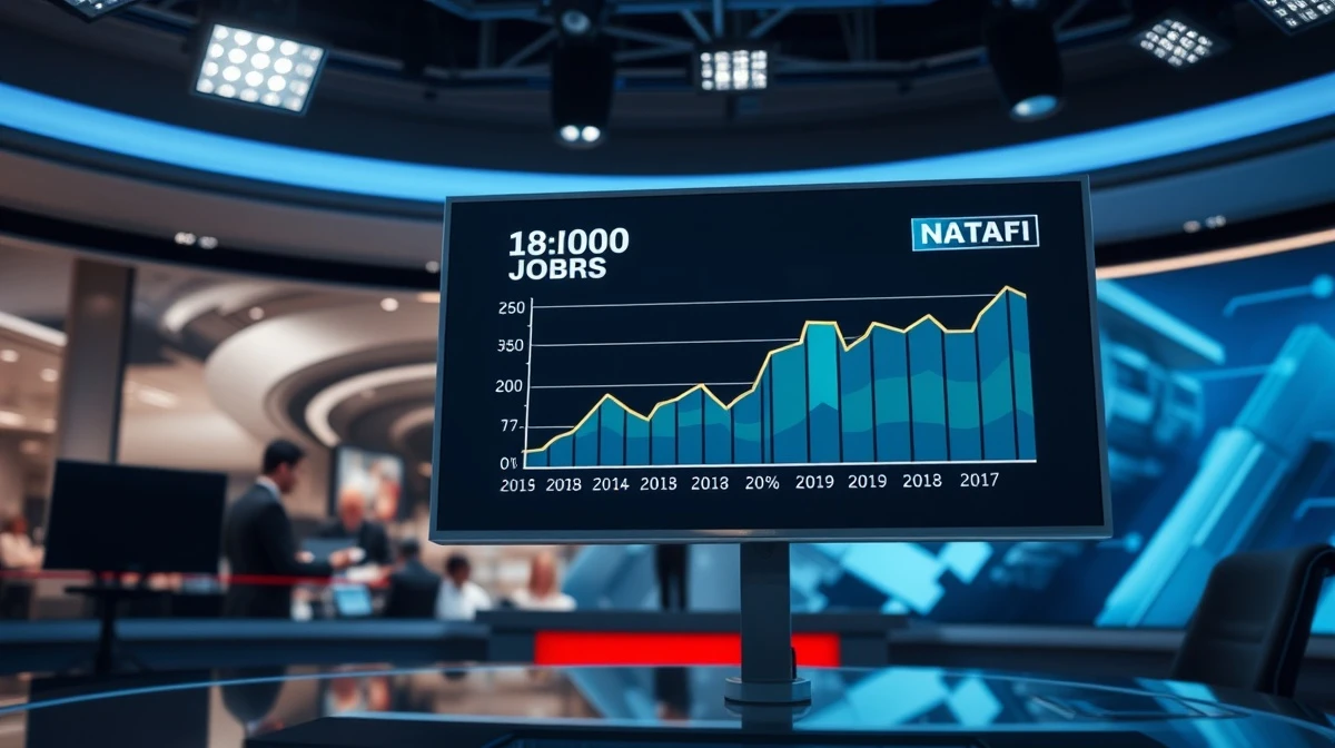 A data screen showing a positive March jobs report chart in a newsroom setting.