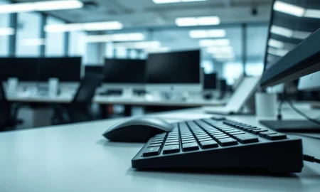 A computer keyboard and mouse on a desk, representing Meta's plan to record employee inputs for AI training.
