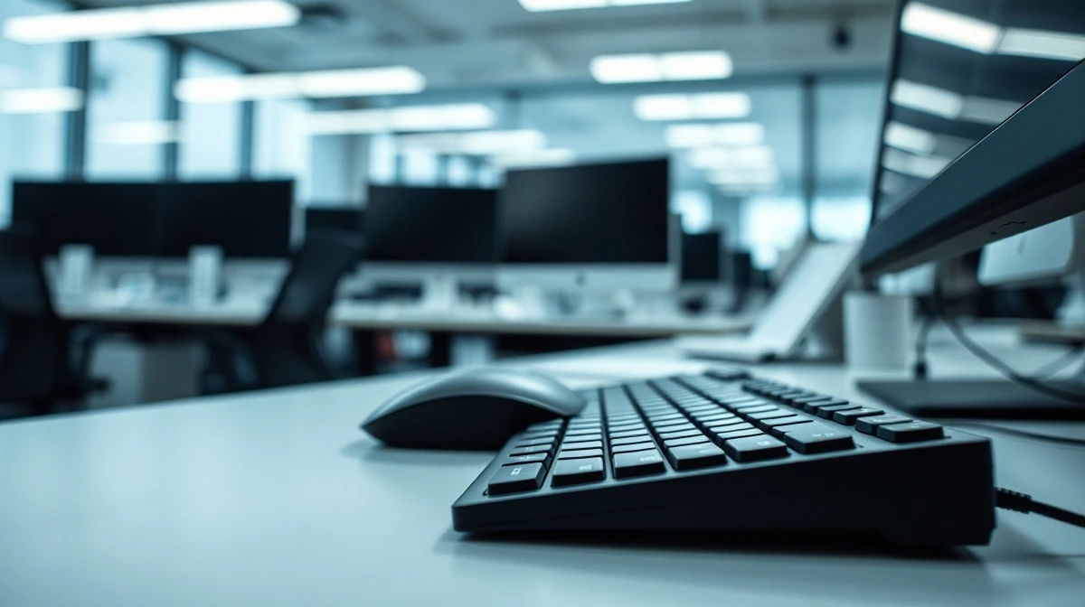 A computer keyboard and mouse on a desk, representing Meta's plan to record employee inputs for AI training.
