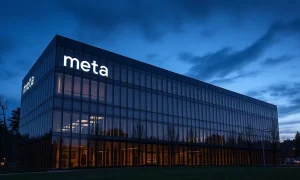 Meta headquarters building at dusk, reflecting the company's financial challenges with Reality Labs and AI spending.
