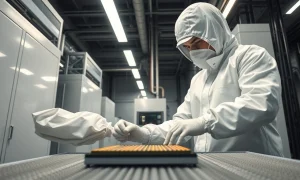 A technician in a semiconductor cleanroom inspecting a silicon wafer.
